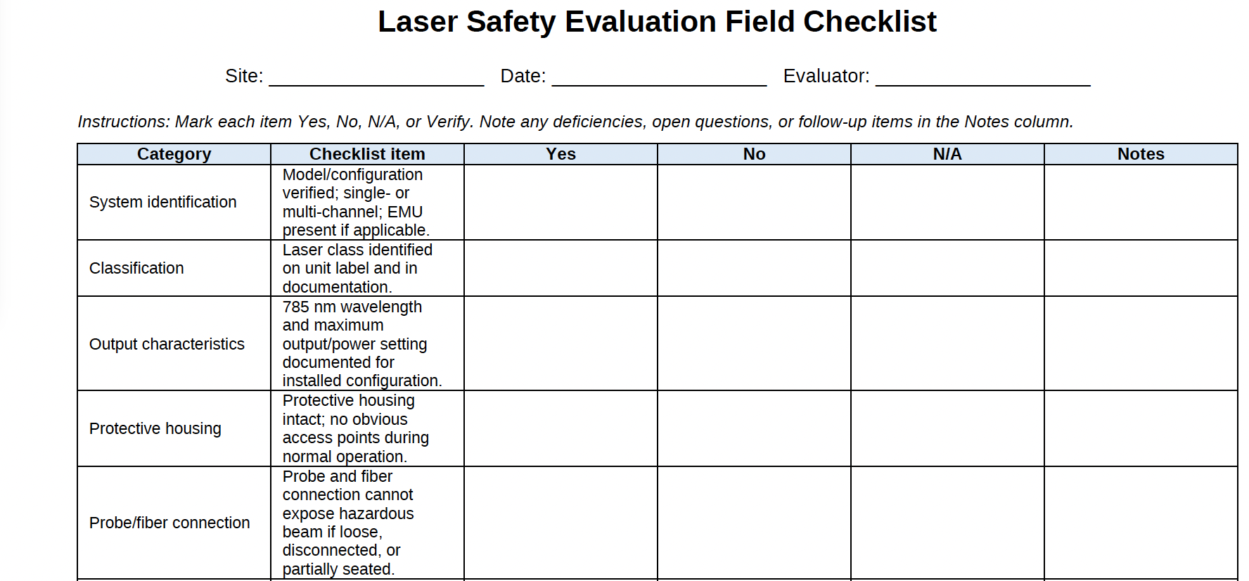Laser Evaluation Form
